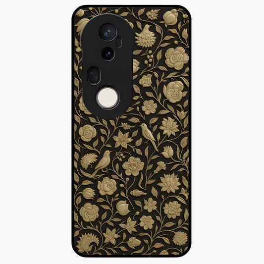 Golden Floral Majesty Glass Case showing flat back view with luxurious golden floral artwork and glossy glass finish.