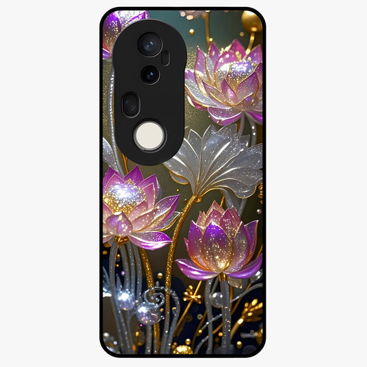 Golden Lotus Glow Glass Case showing flat back view with glowing lotus flower artwork and glossy glass finish.