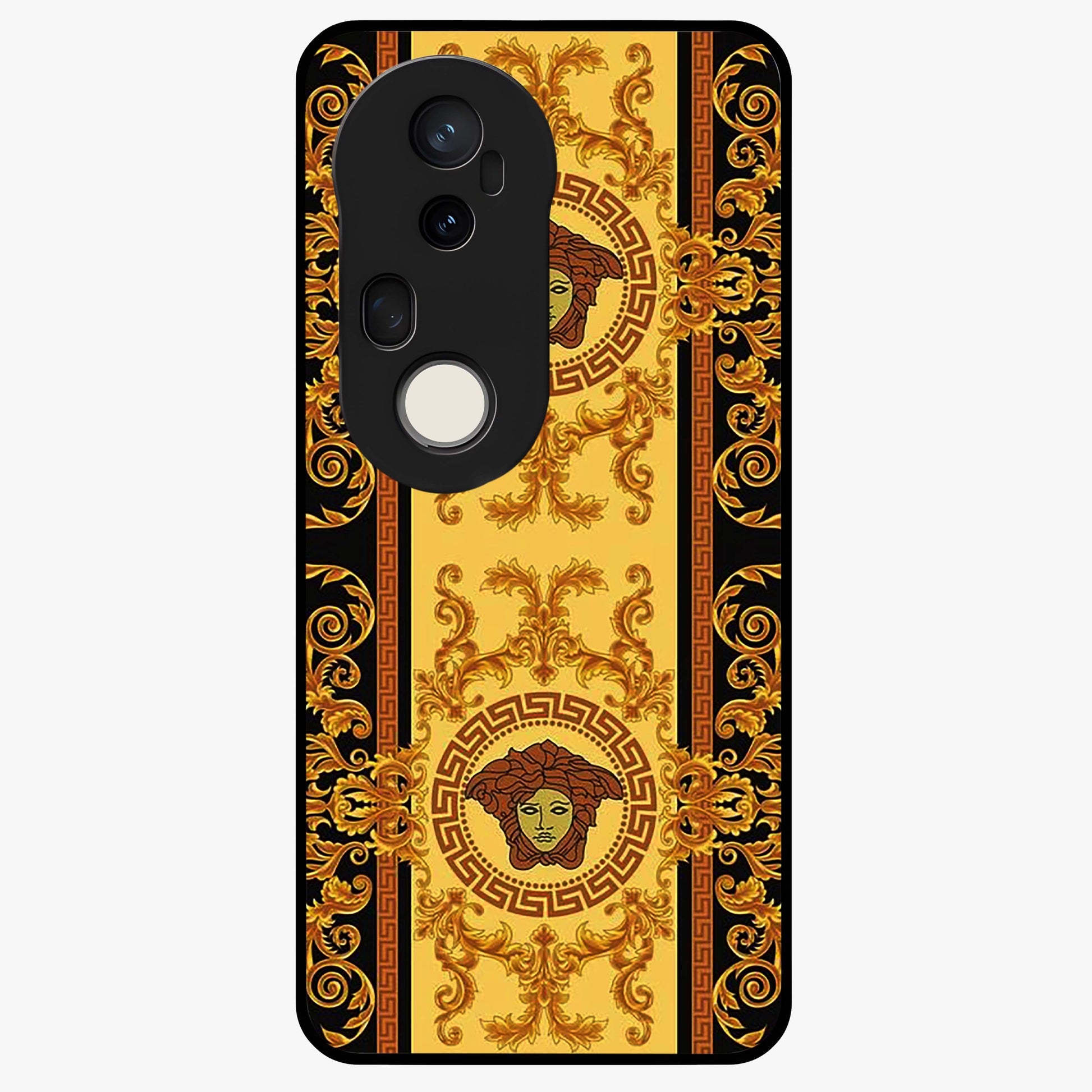 Golden Royal Heritage Glass Case showing flat back view with ornate royal pattern artwork and glossy glass finish.