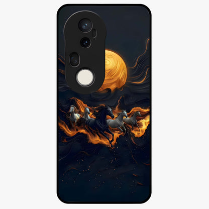 Golden Stallion Moonride Glass Case showing flat back view with majestic horse under moonlight artwork and glossy glass finish.