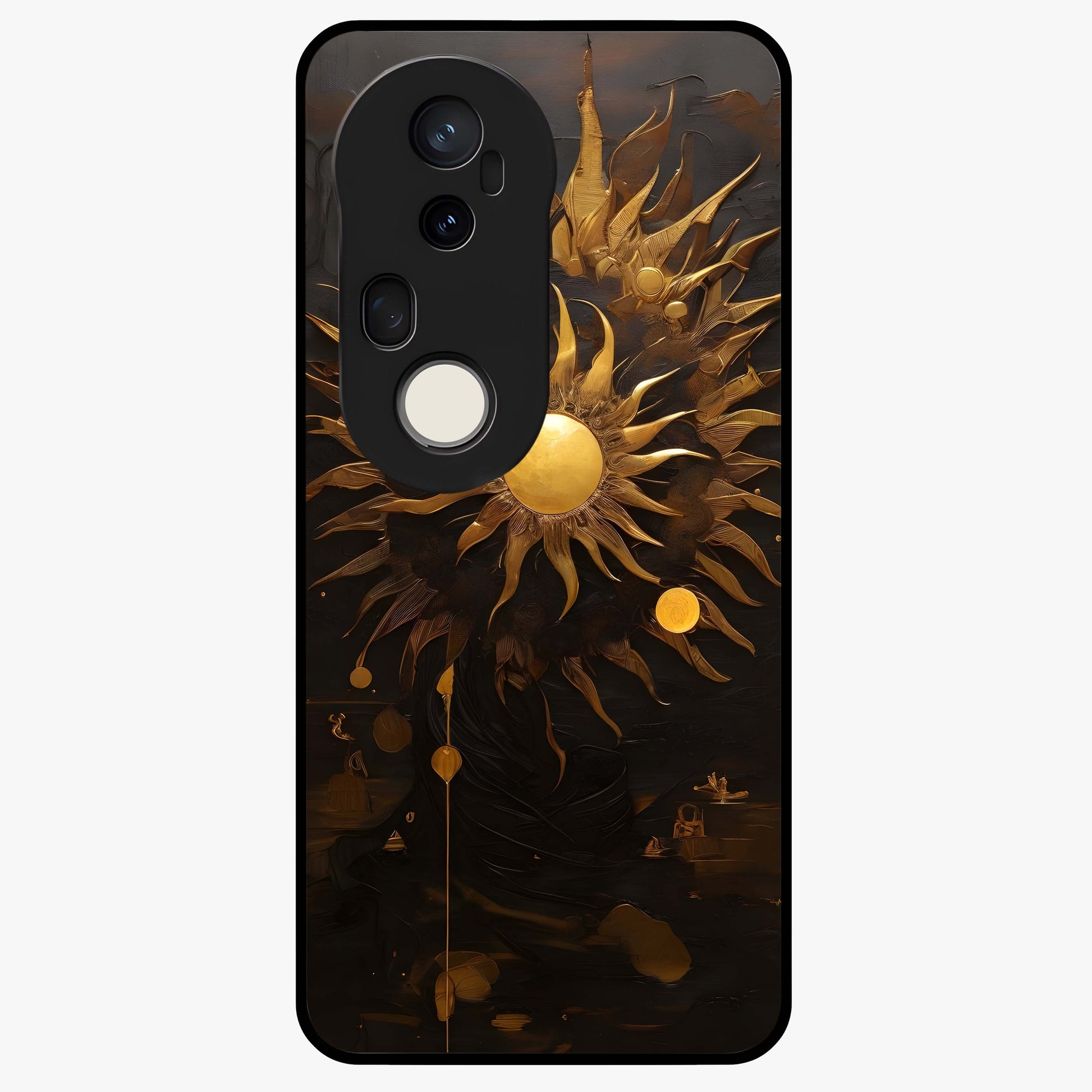 Golden Sun Majesty Glass Case showing flat back view with radiant golden sun artwork and glossy glass finish.