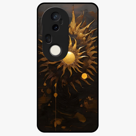 Golden Sun Majesty Glass Case showing flat back view with radiant golden sun artwork and glossy glass finish.