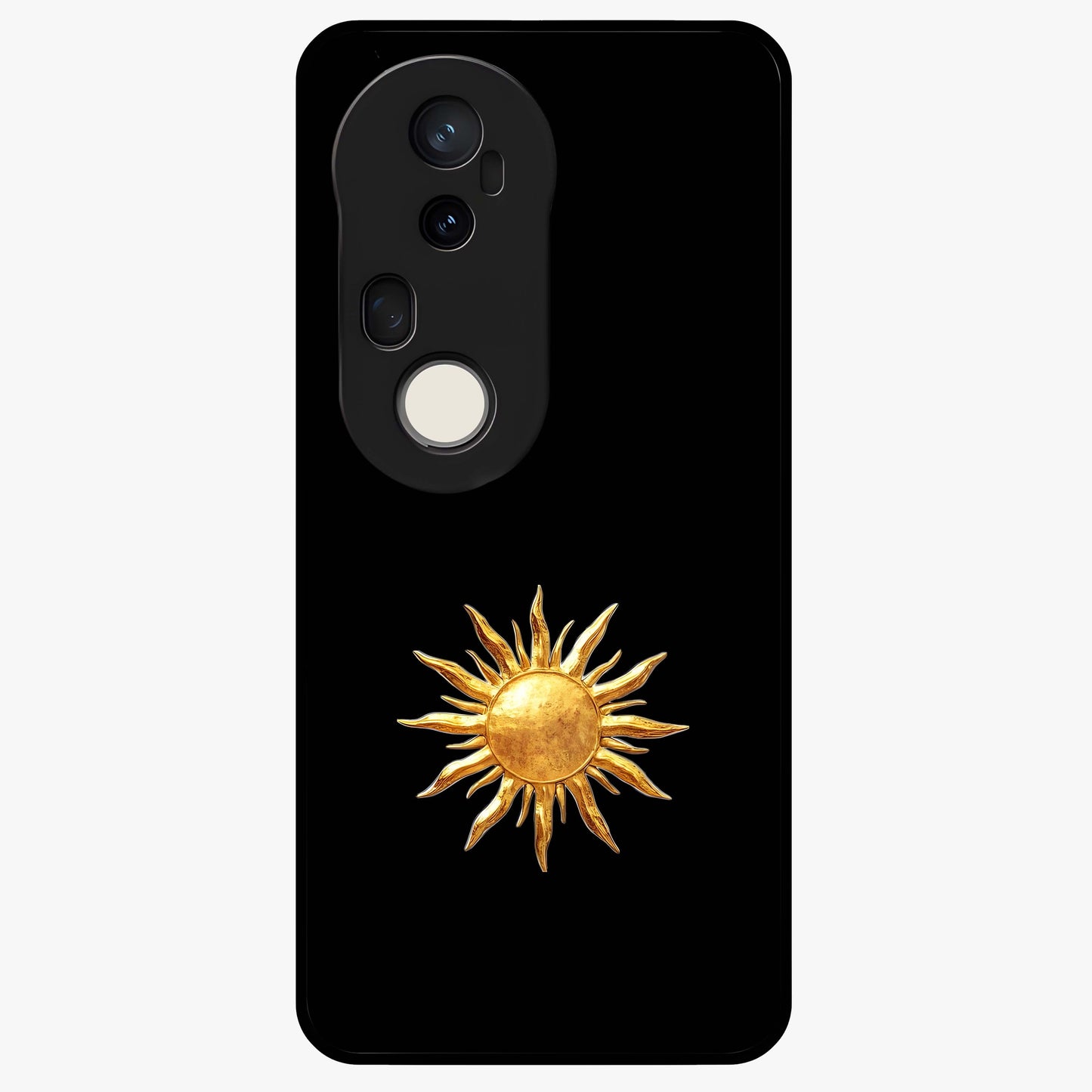 Golden Sun Minimalism Glass Case showing flat back view with minimal golden sun artwork and glossy glass finish.