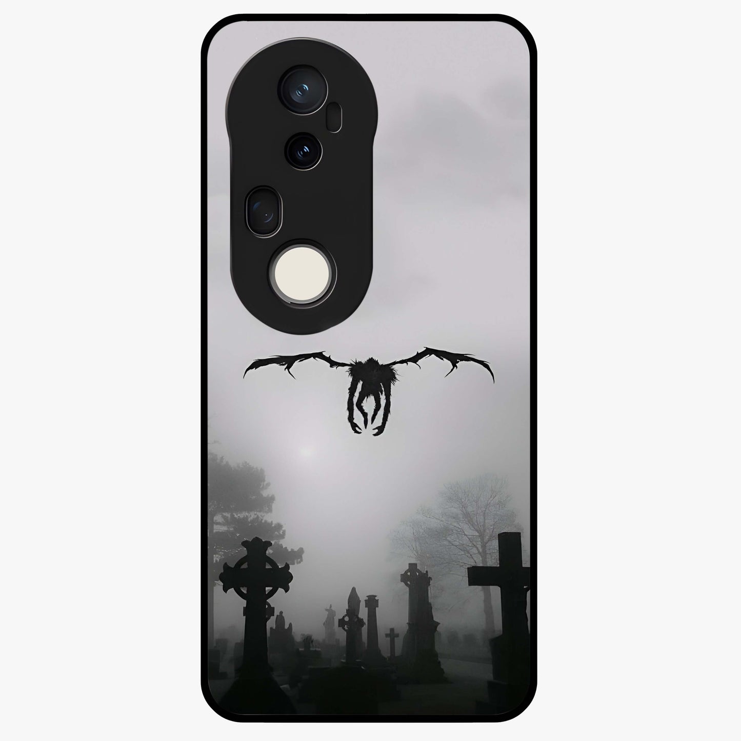 Graveyard Shadow Descent Glass Case showing flat back view with dark graveyard themed artwork and glossy glass finish.