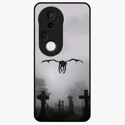 Graveyard Shadow Descent Glass Case showing flat back view with dark graveyard themed artwork and glossy glass finish.