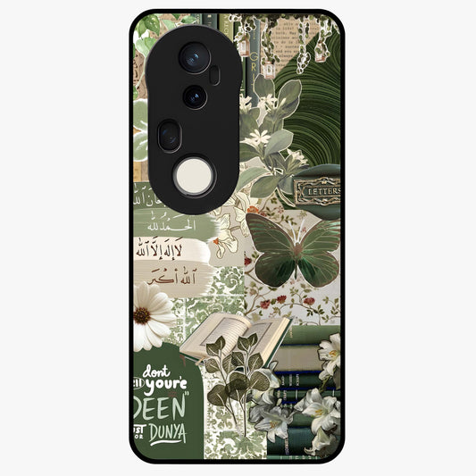 Green Islamic Books Quotes Glass Case showing flat back view with Islamic quotes and book themed artwork and glossy glass finish.