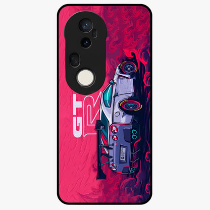 GT-R Car Pattern Glass Case showing flat back view with sporty car inspired pattern artwork and glossy glass finish.