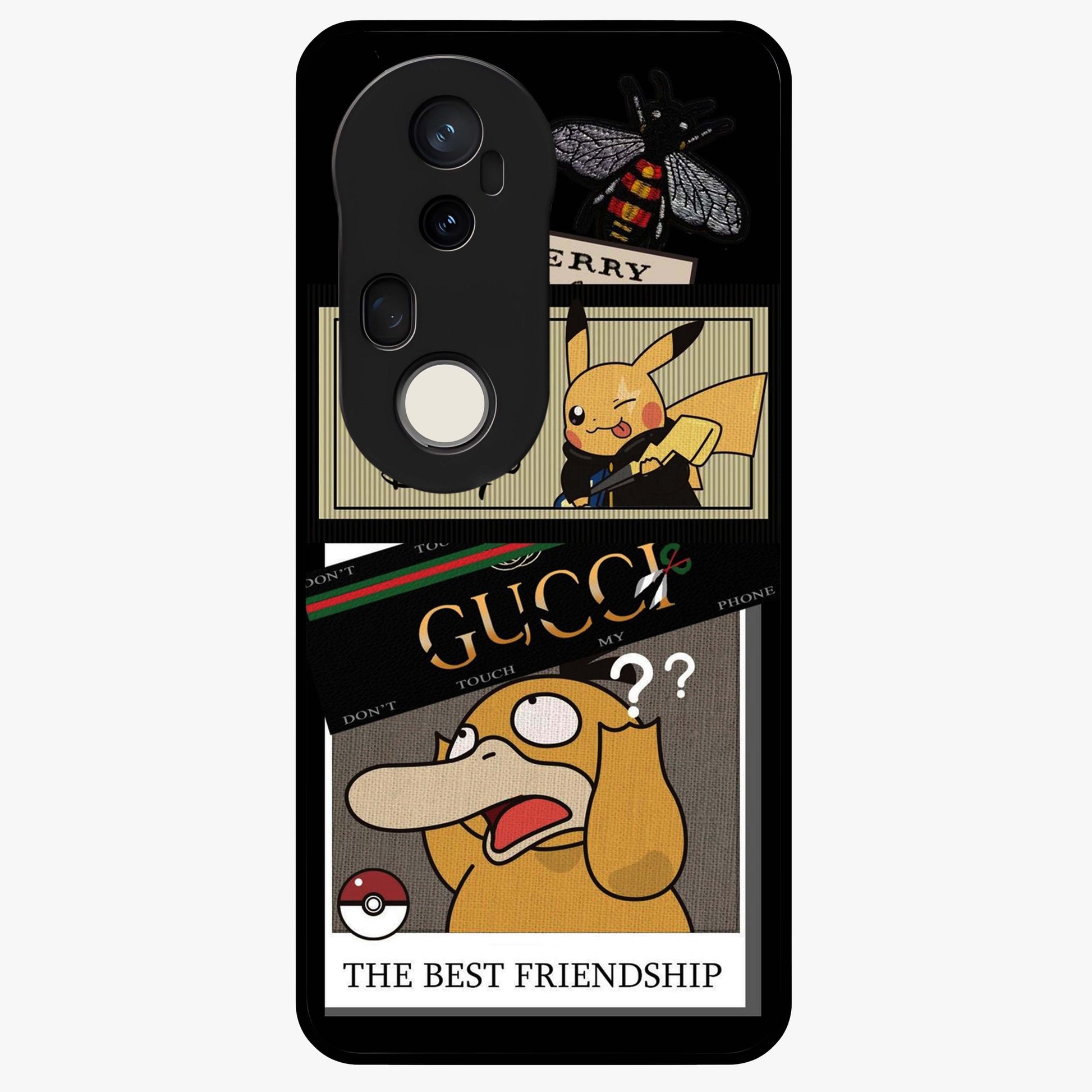 Gucci Play Mashup Glass Case showing flat back view with luxury inspired graphic artwork and glossy glass finish.