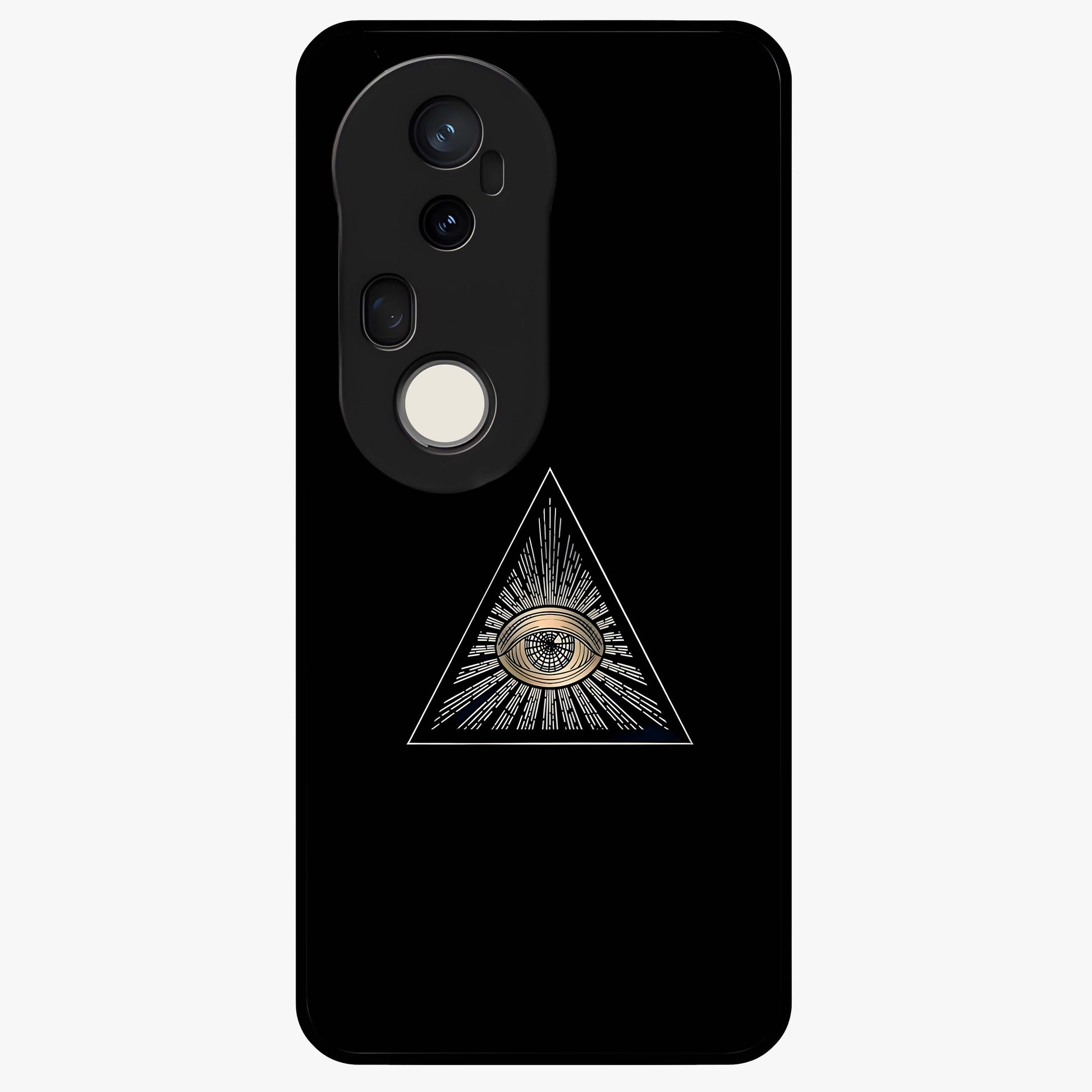 Illuminati Evil Glass Case showing flat back view with mysterious illuminati symbol artwork and glossy glass finish.
