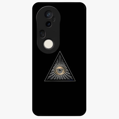 Illuminati Evil Glass Case showing flat back view with mysterious illuminati symbol artwork and glossy glass finish.