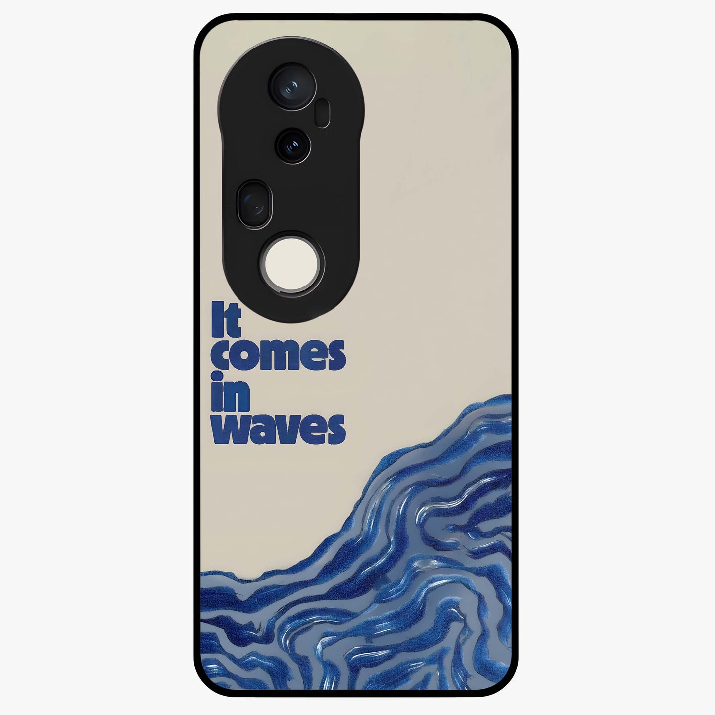 It Comes In Waves Quote Glass Case showing flat back view with inspirational wave themed quote artwork and glossy glass finish.
