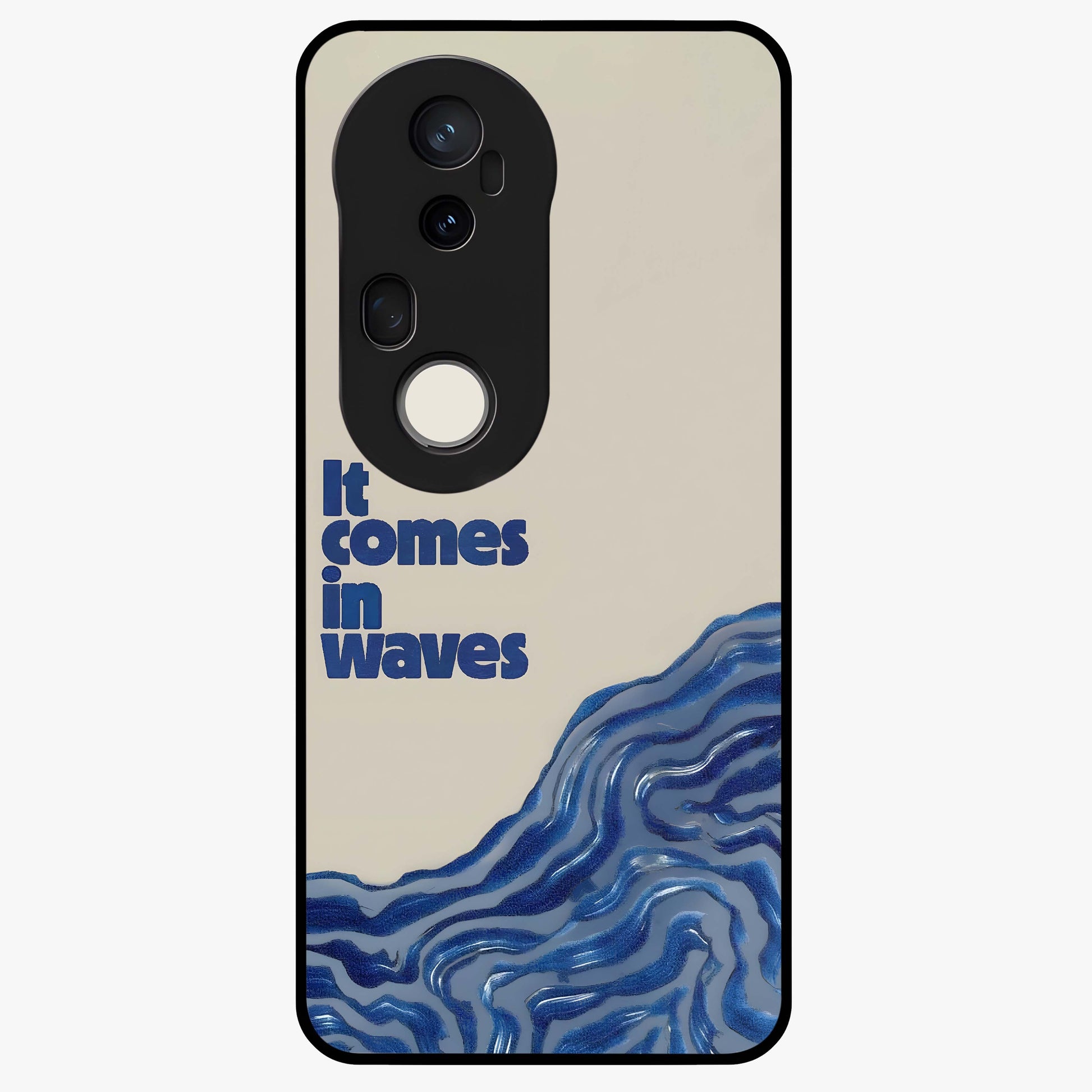 It Comes In Waves Quote Glass Case showing flat back view with inspirational wave themed quote artwork and glossy glass finish.