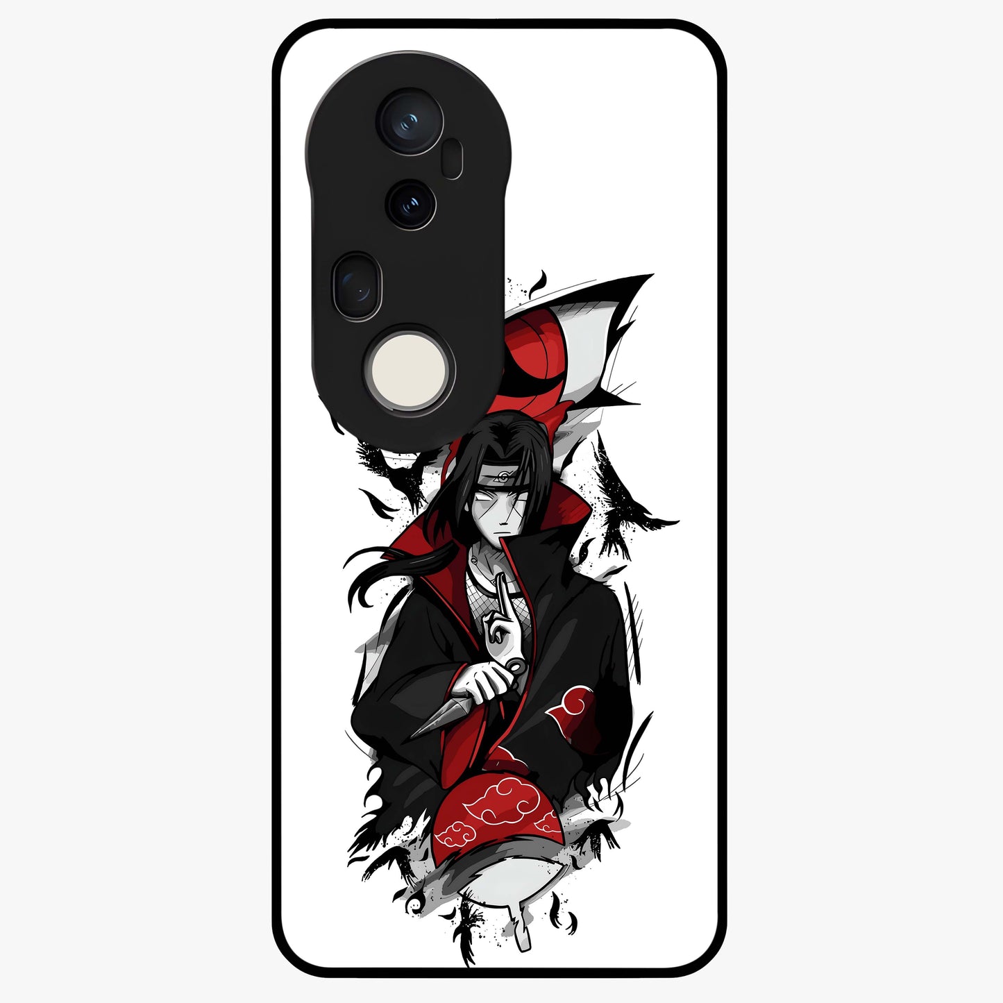 Itachi Sharingan Glass Case showing flat back view with powerful anime eye artwork and glossy glass finish.