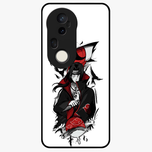 Itachi Sharingan Glass Case showing flat back view with powerful anime eye artwork and glossy glass finish.