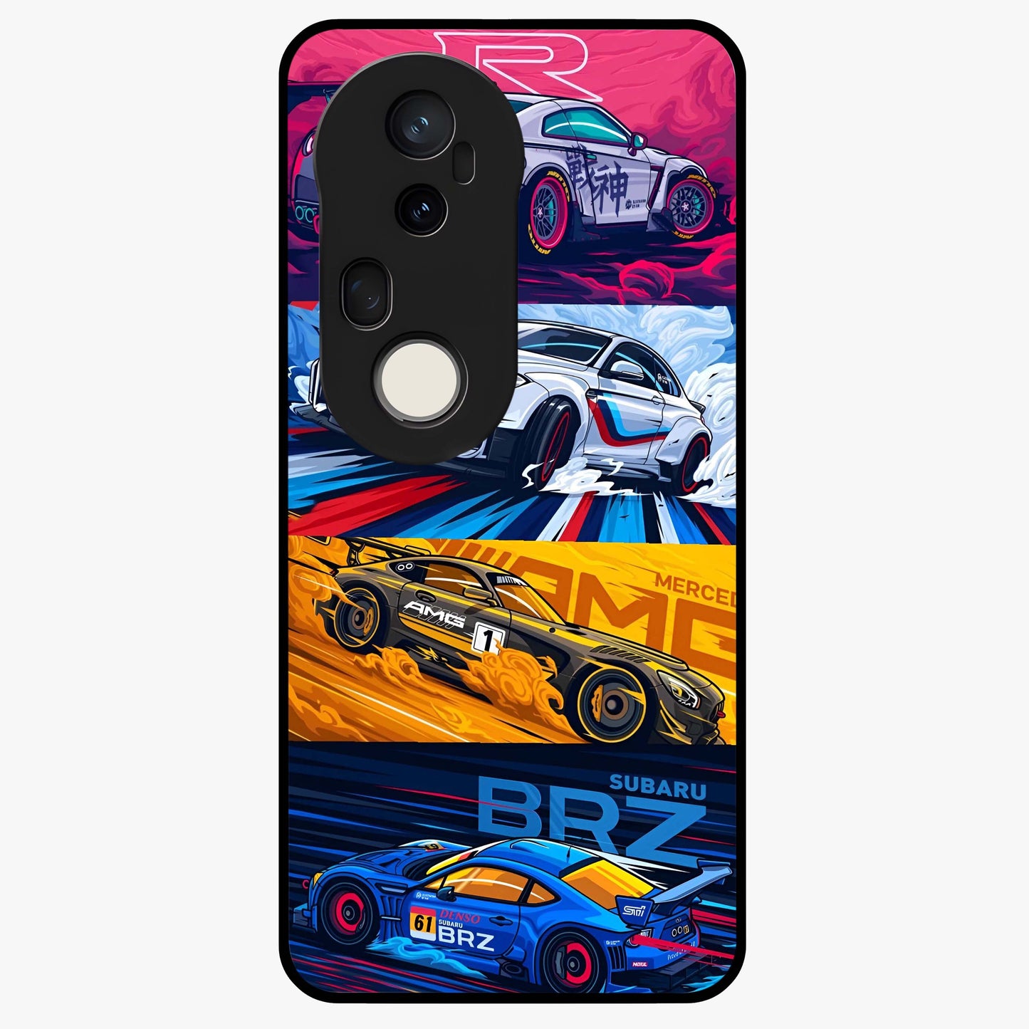 JDM Sports Car Glass Case showing flat back view with high performance sports car artwork and glossy glass finish.