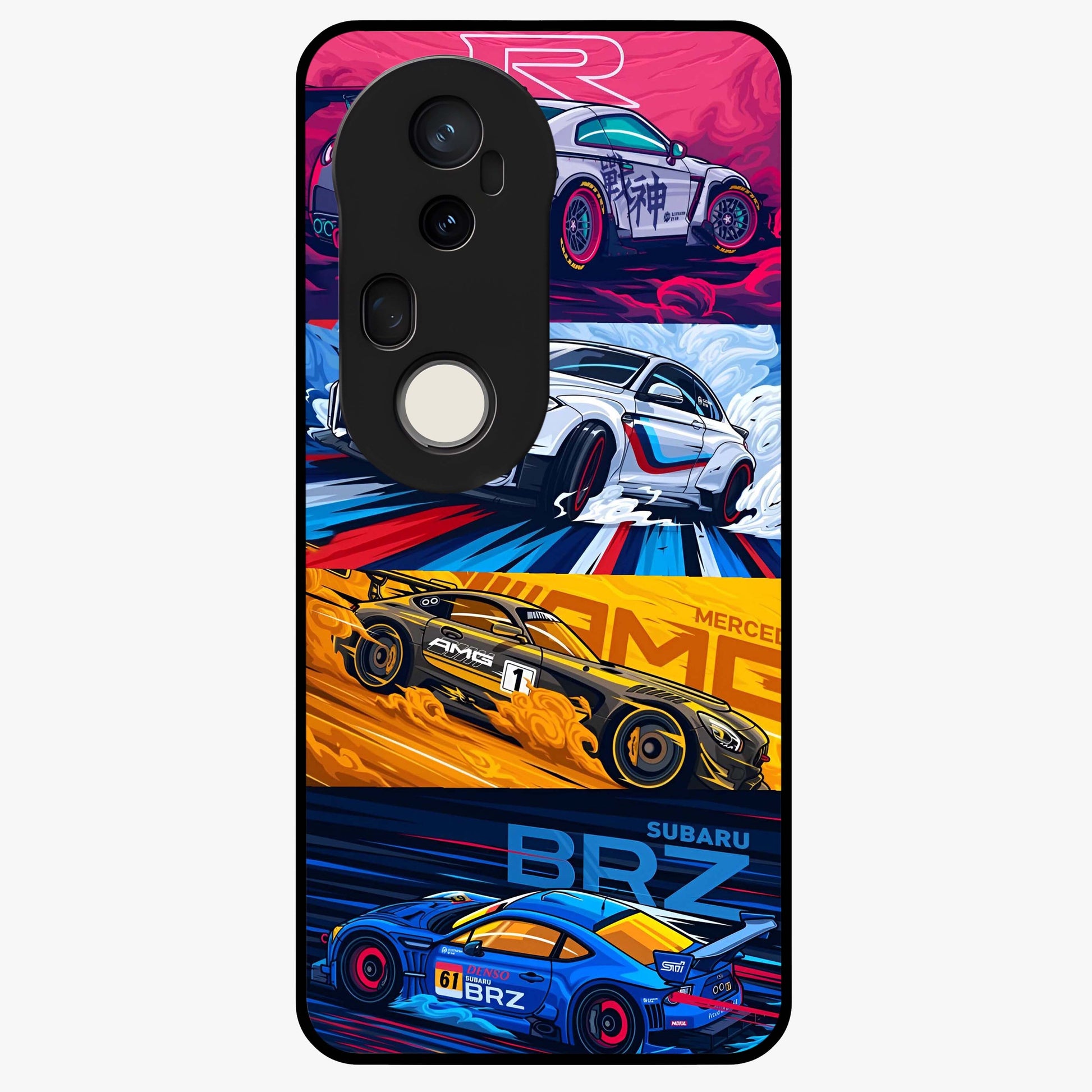 JDM Sports Car Glass Case showing flat back view with high performance sports car artwork and glossy glass finish.