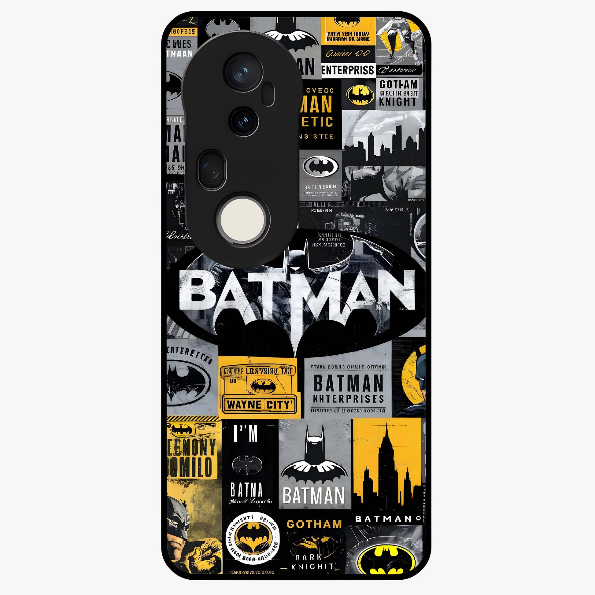 Knight Gotham Rise Glass Case showing flat back view with dark hero inspired artwork and glossy glass finish.