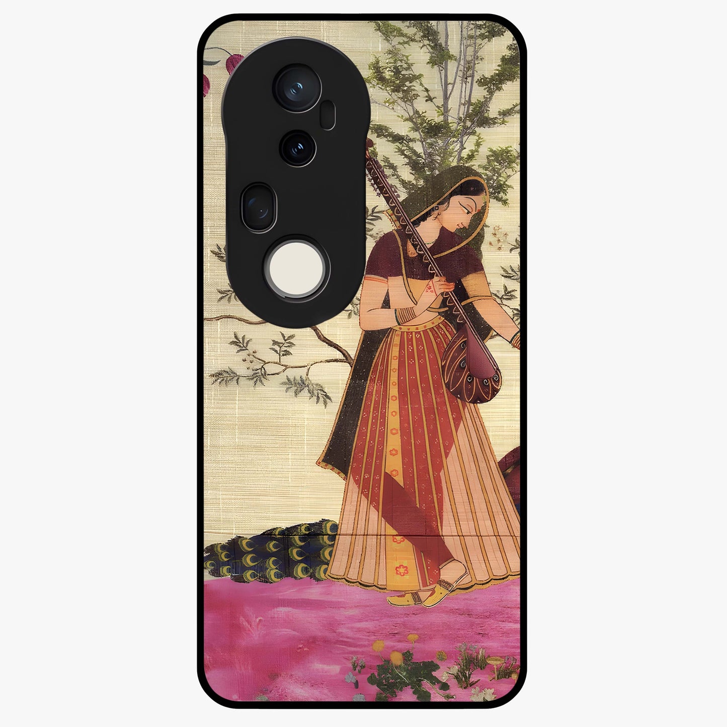 Lady With Veena Art Glass Case showing flat back view with elegant woman playing veena artwork and glossy glass finish.