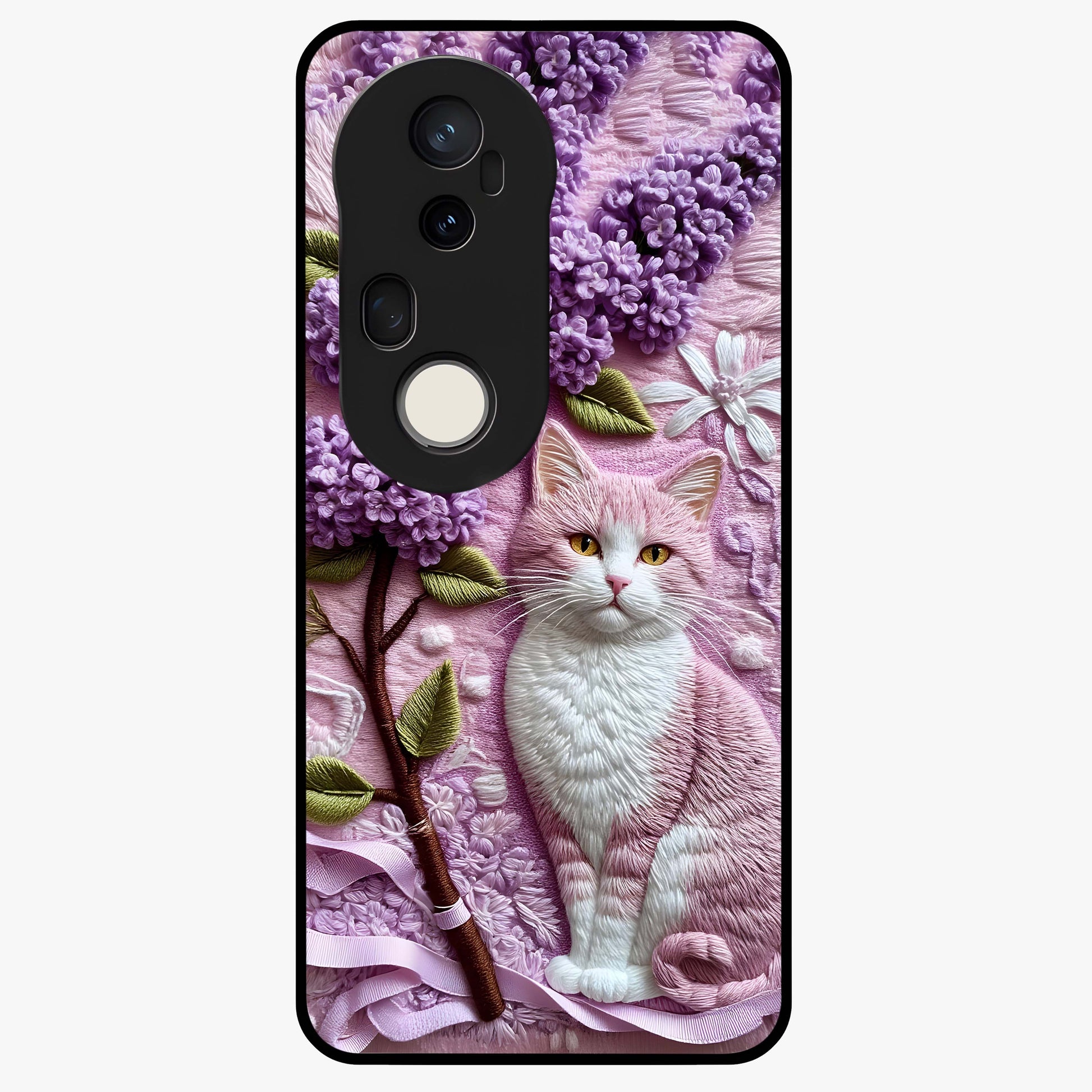 Lavender Cat Whimsy Glass Case showing flat back view with cute lavender cat artwork and glossy glass finish.