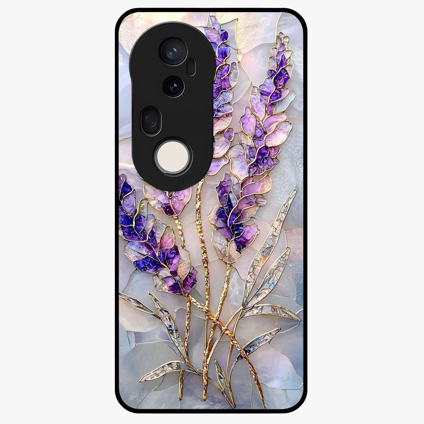 Lavender Dream Glow Glass Case showing flat back view with glowing lavender aesthetic artwork and glossy glass finish.