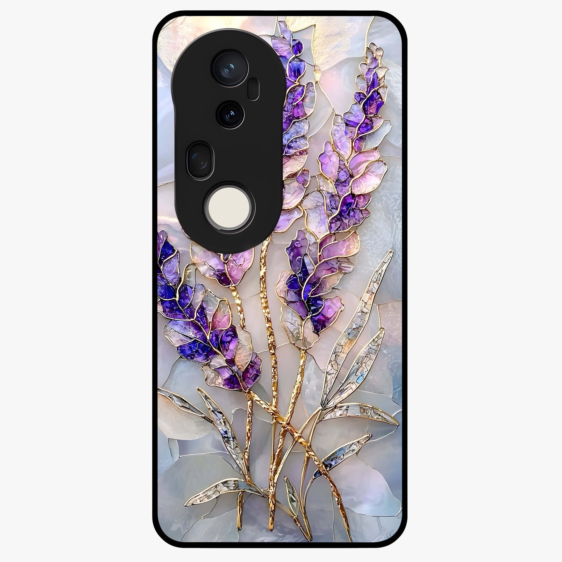 Lavender Dream Glow Glass Case showing flat back view with glowing lavender aesthetic artwork and glossy glass finish.
