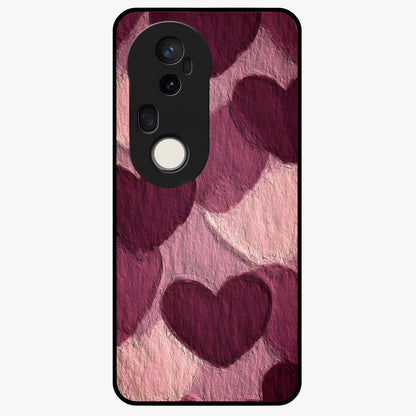 Layered Paper Hearts Glass Case showing flat back view with layered paper heart artwork and glossy glass finish.