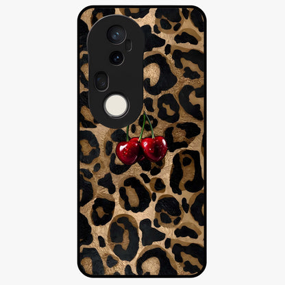 Leopard Wild Cherry Glass Case showing flat back view with leopard pattern and cherry artwork and glossy glass finish.