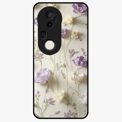 Lilac Breeze Harmony Glass Case showing flat back view with soft lilac themed artwork and glossy glass finish.