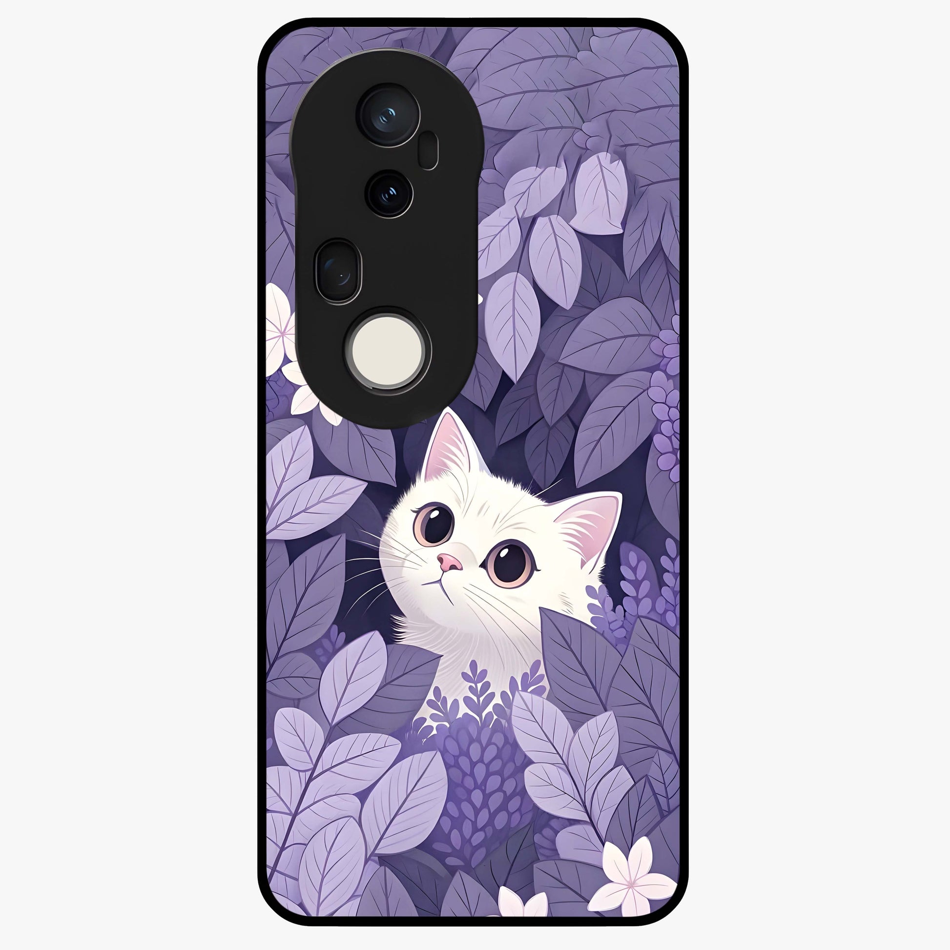 Lilac Hide Peek Cat Glass Case showing flat back view with cute peeking cat artwork and glossy glass finish.