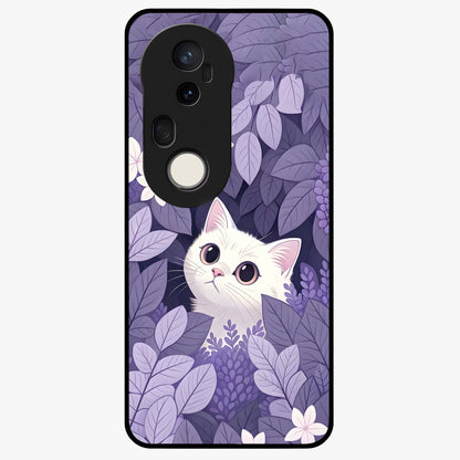 Lilac Hide Peek Cat Glass Case showing flat back view with cute peeking cat artwork and glossy glass finish.