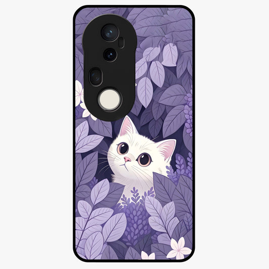 Lilac Hide Peek Cat Glass Case showing flat back view with cute peeking cat artwork and glossy glass finish.