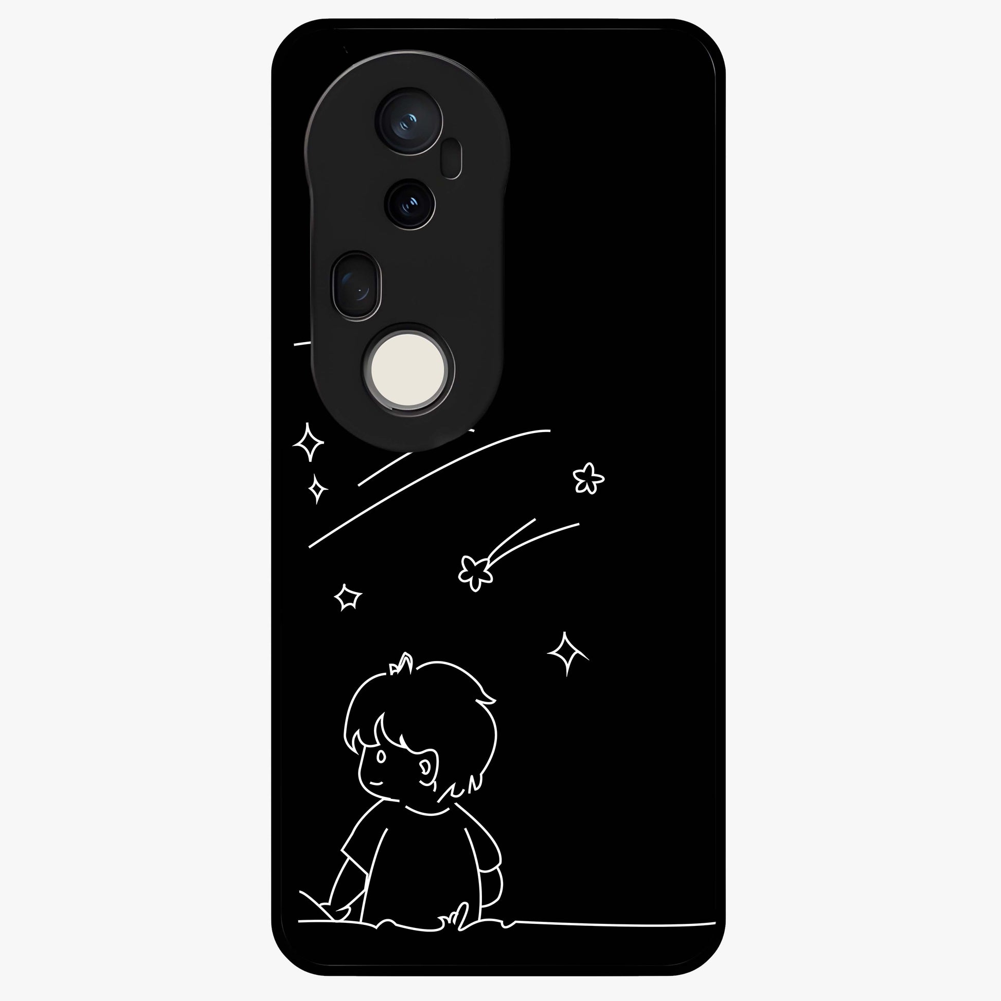 Line Art Boy With Shooting Stars Glass Case showing flat back view with minimal line art boy and shooting stars illustration and glossy glass finish.