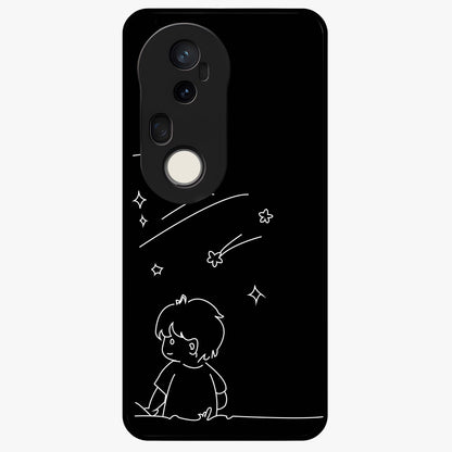 Line Art Boy With Shooting Stars Glass Case showing flat back view with minimal line art boy and shooting stars illustration and glossy glass finish.