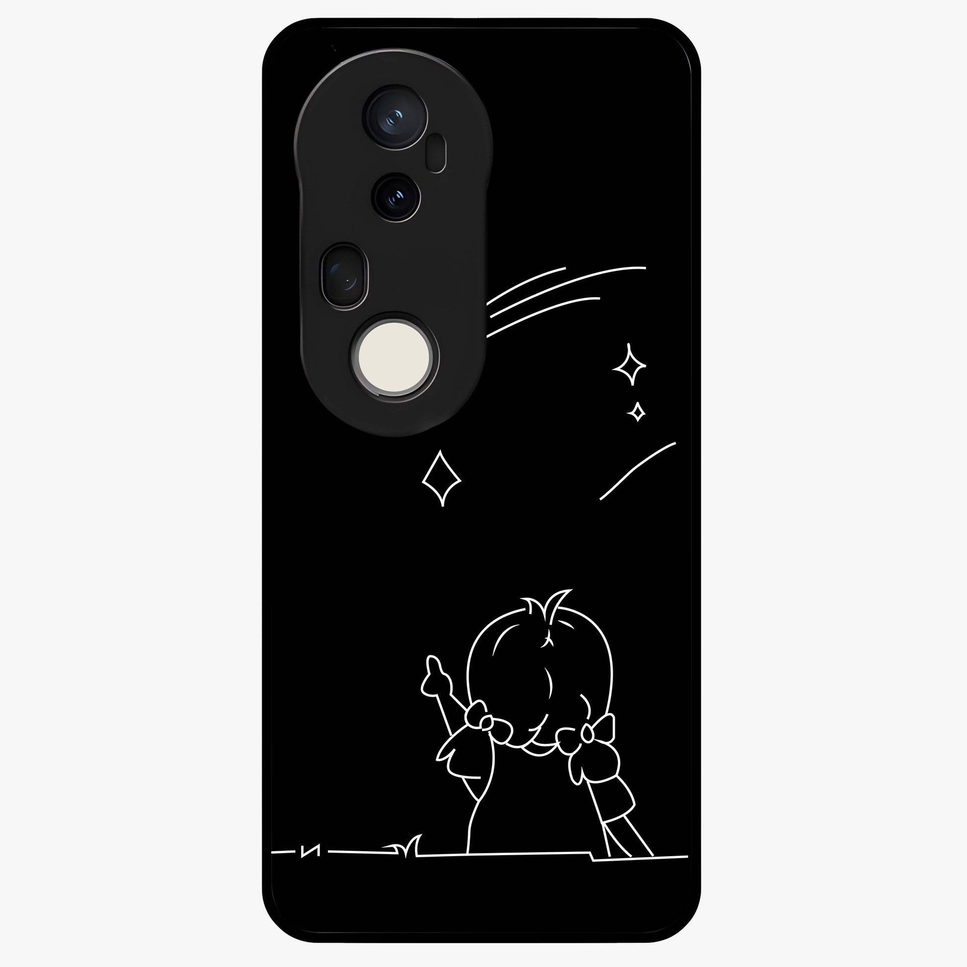 Line Art Girl With Shooting Stars Glass Case showing flat back view with minimal line art girl and shooting stars illustration and glossy glass finish.