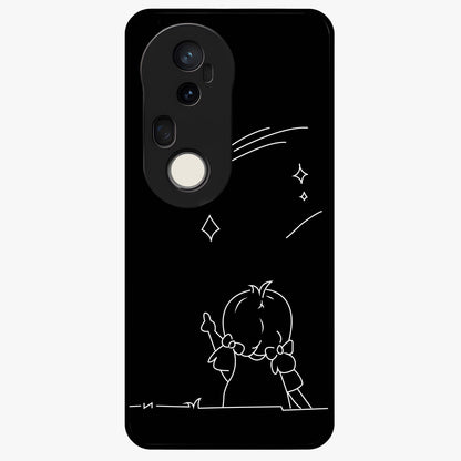 Line Art Girl With Shooting Stars Glass Case showing flat back view with minimal line art girl and shooting stars illustration and glossy glass finish.
