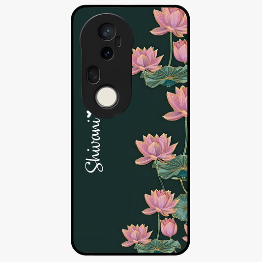 Lotus Bloom Serenity Custom Name Glass Case showing flat back view with elegant lotus flower artwork and personalized name design.