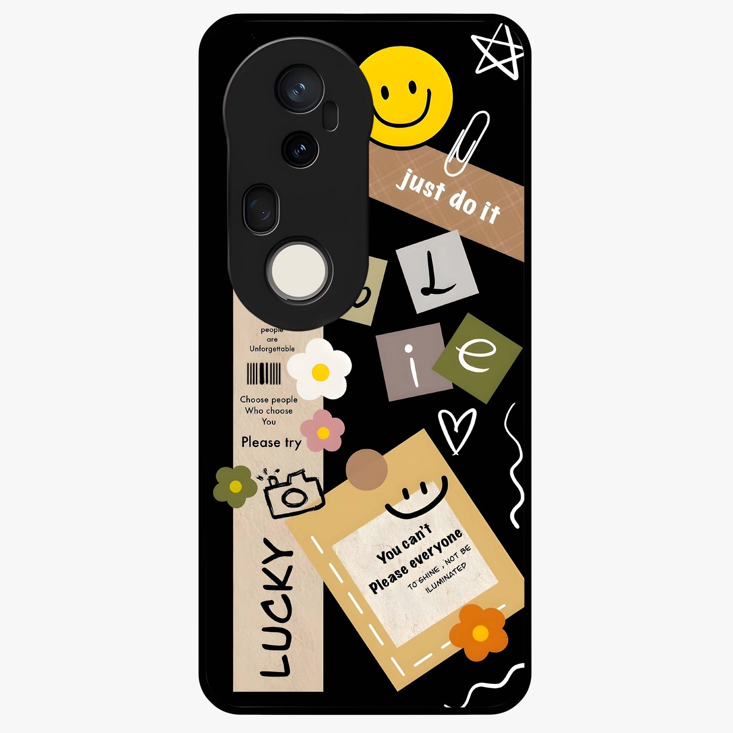 Lucky Aesthetic Collage Glass Case showing flat back view with trendy aesthetic collage artwork and glossy glass finish.