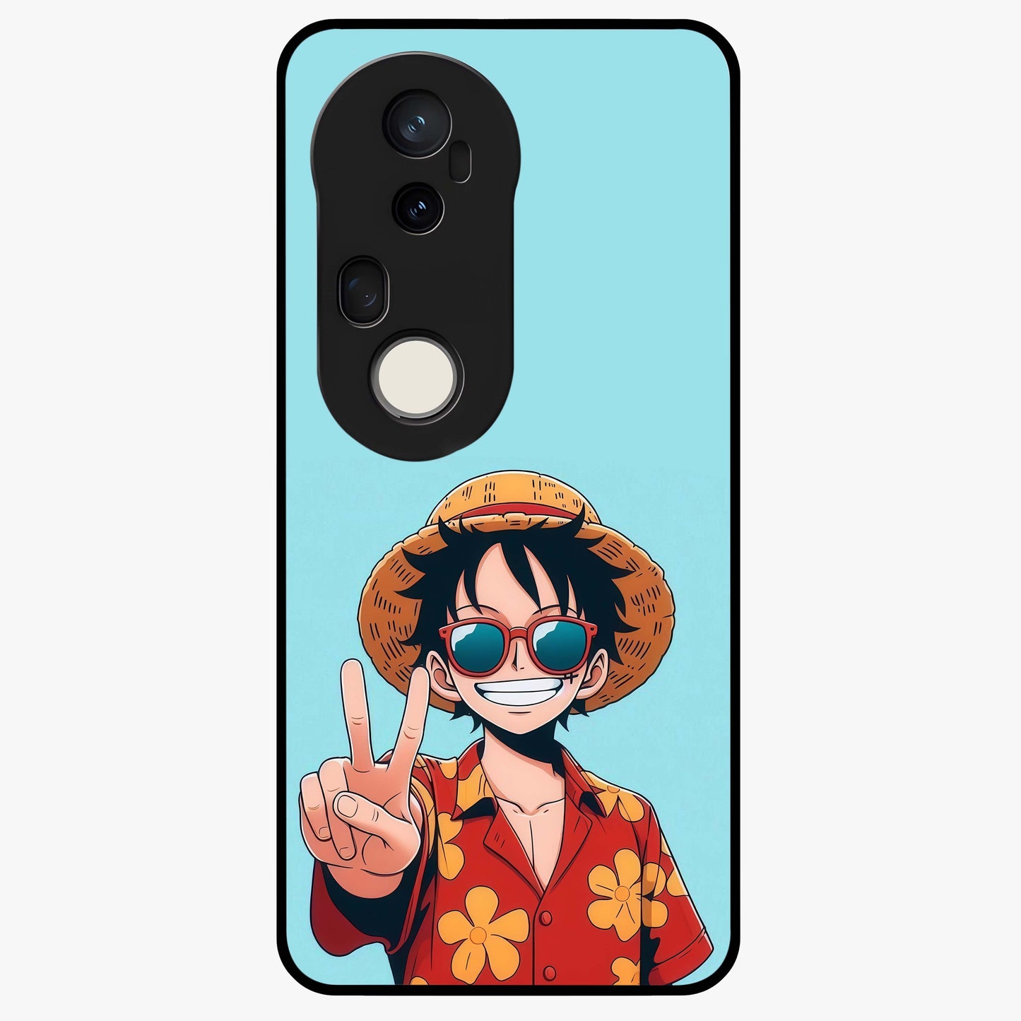 Luffy Summer Anime Vibe Glass Case showing flat back view with vibrant anime character artwork and glossy glass finish.