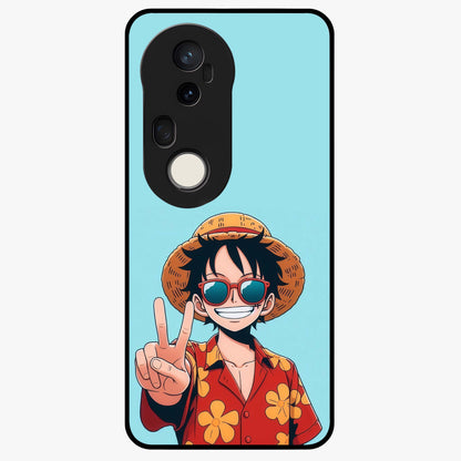 Luffy Summer Anime Vibe Glass Case showing flat back view with vibrant anime character artwork and glossy glass finish.