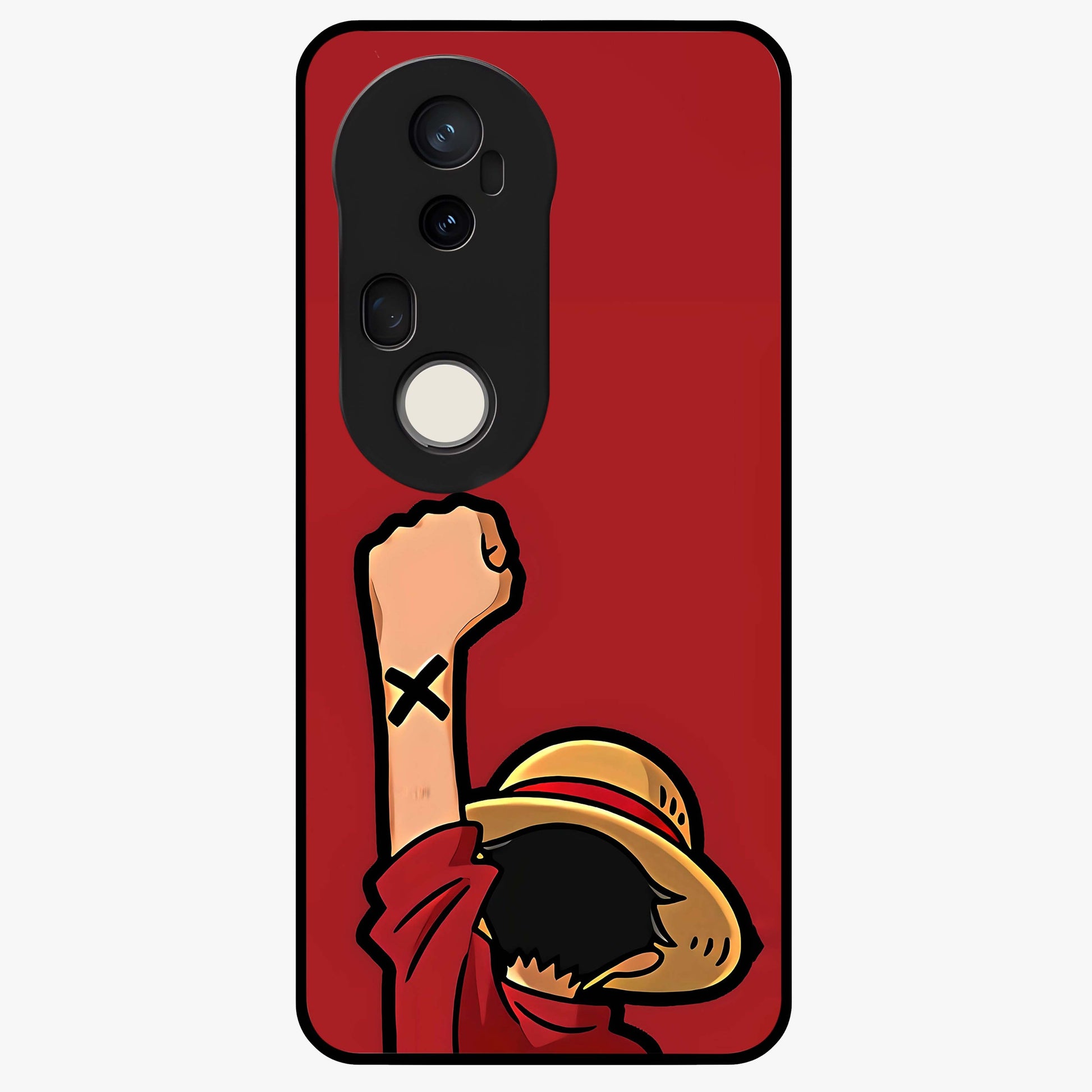 Luffy X Spirit Glass Case showing flat back view with bold anime character artwork and glossy glass finish.