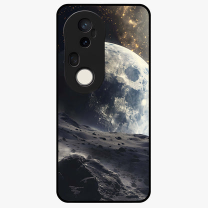 Lunar Horizon Glow Glass Case showing flat back view with glowing moon horizon artwork and glossy glass finish.