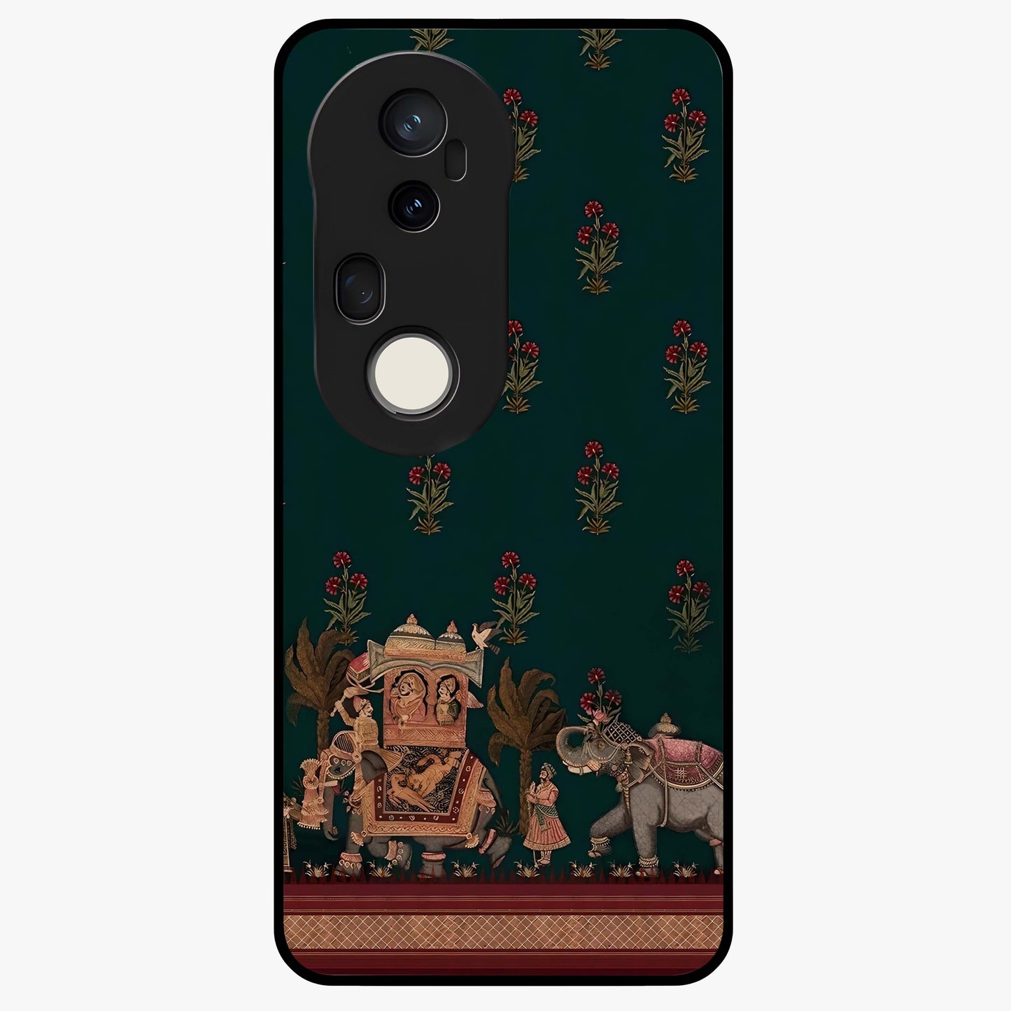 Macmerise Glass Case showing flat back view with stylish modern artwork and glossy glass finish.