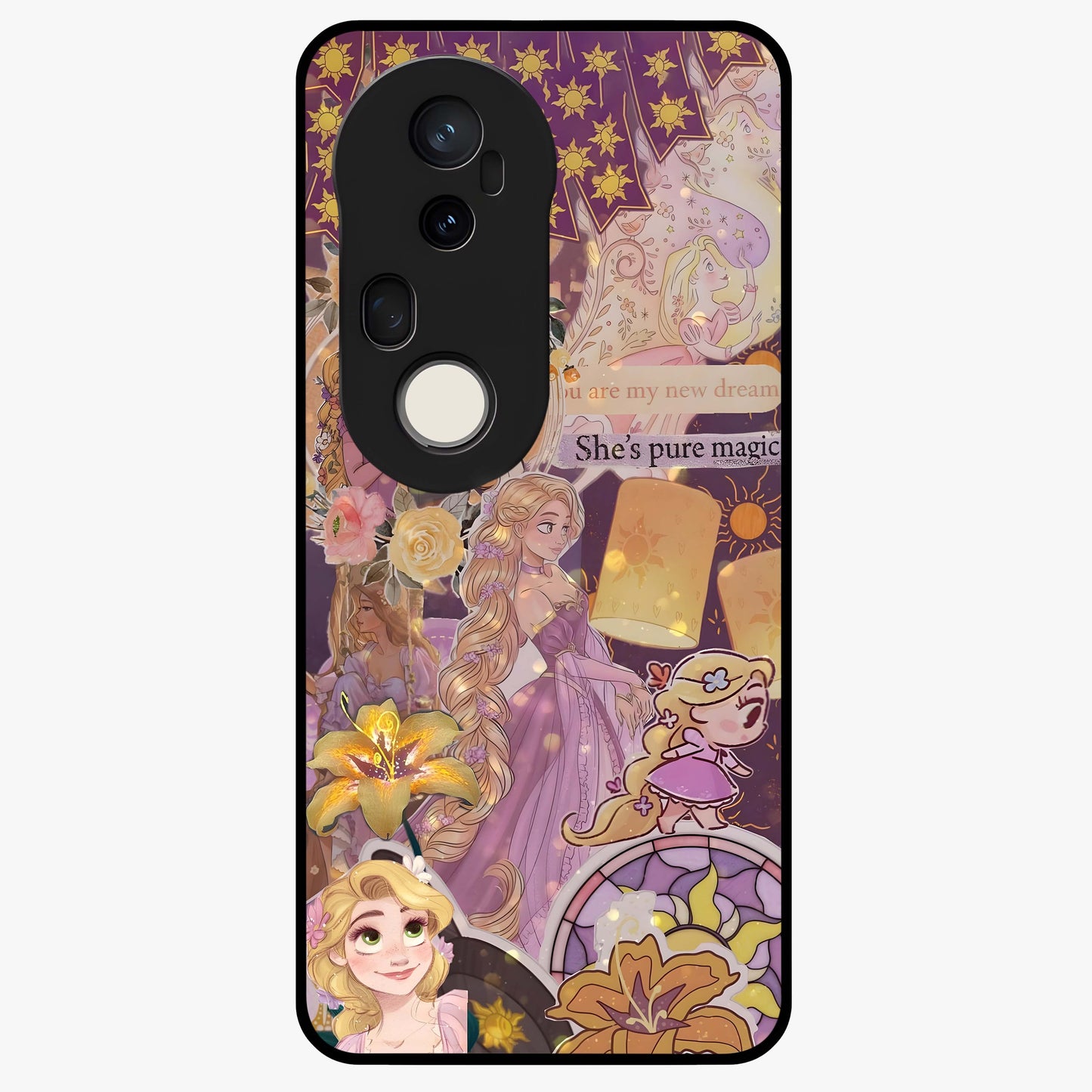 Magical Tangled Dream Glass Case showing flat back view with dreamy tangled artwork and glossy glass finish.