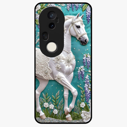 Majestic Floral Stallion Glass Case showing flat back view with powerful horse and floral artwork and glossy glass finish.