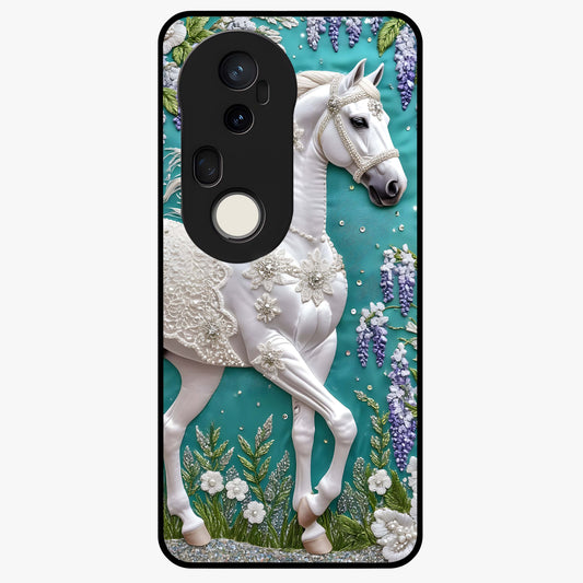 Majestic Floral Stallion Glass Case showing flat back view with powerful horse and floral artwork and glossy glass finish.