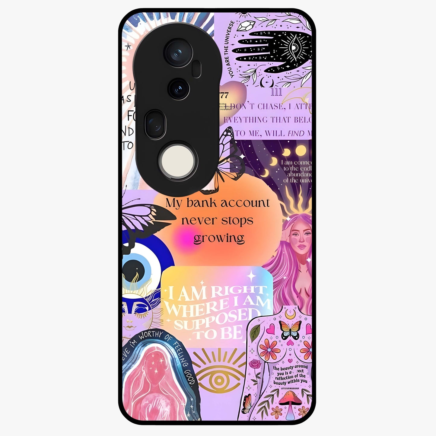 Manifestation Collage Glass Case showing flat back view with motivational collage artwork and glossy glass finish.