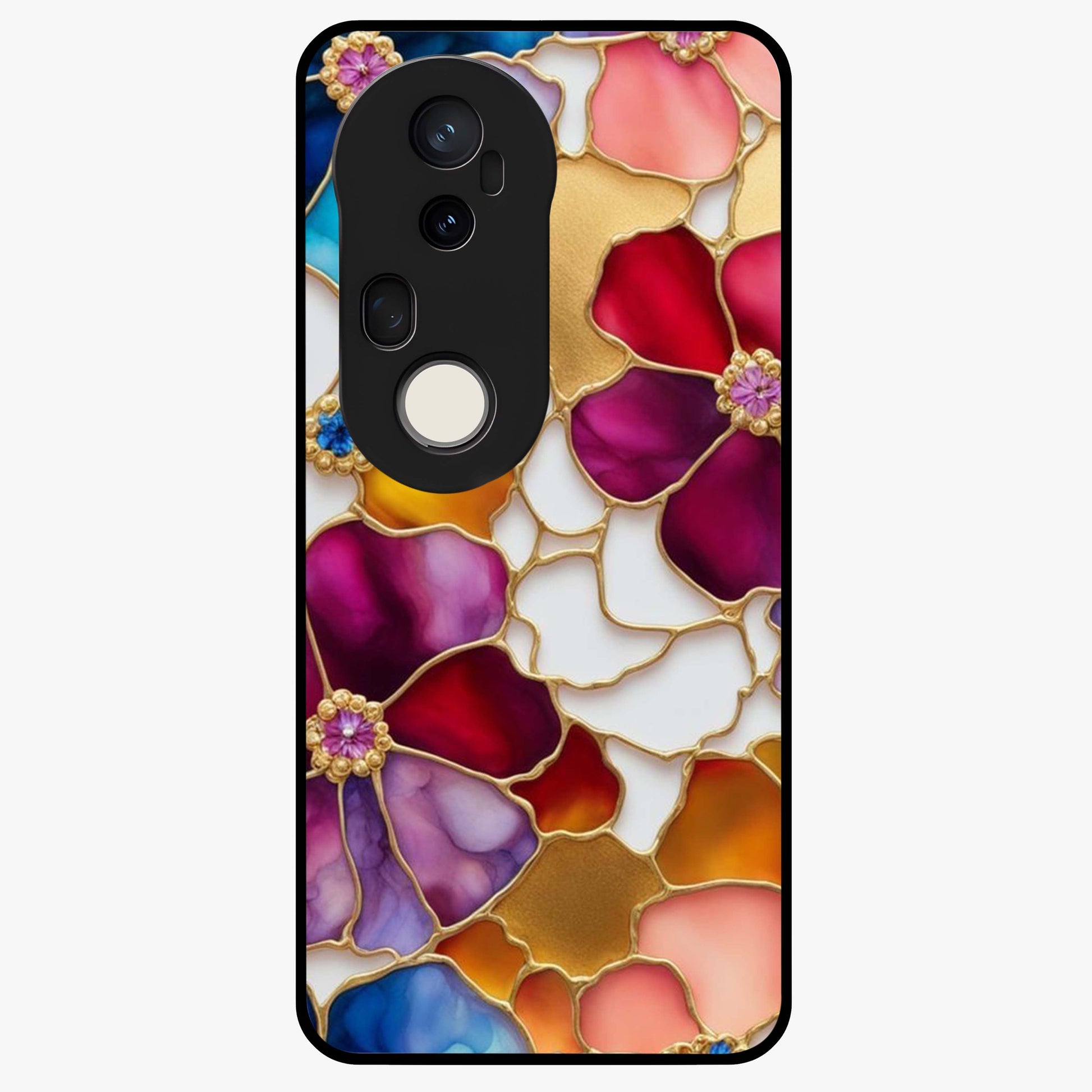 Marble Flower Pattern Glass Case showing flat back view with marble texture floral artwork and glossy glass finish.