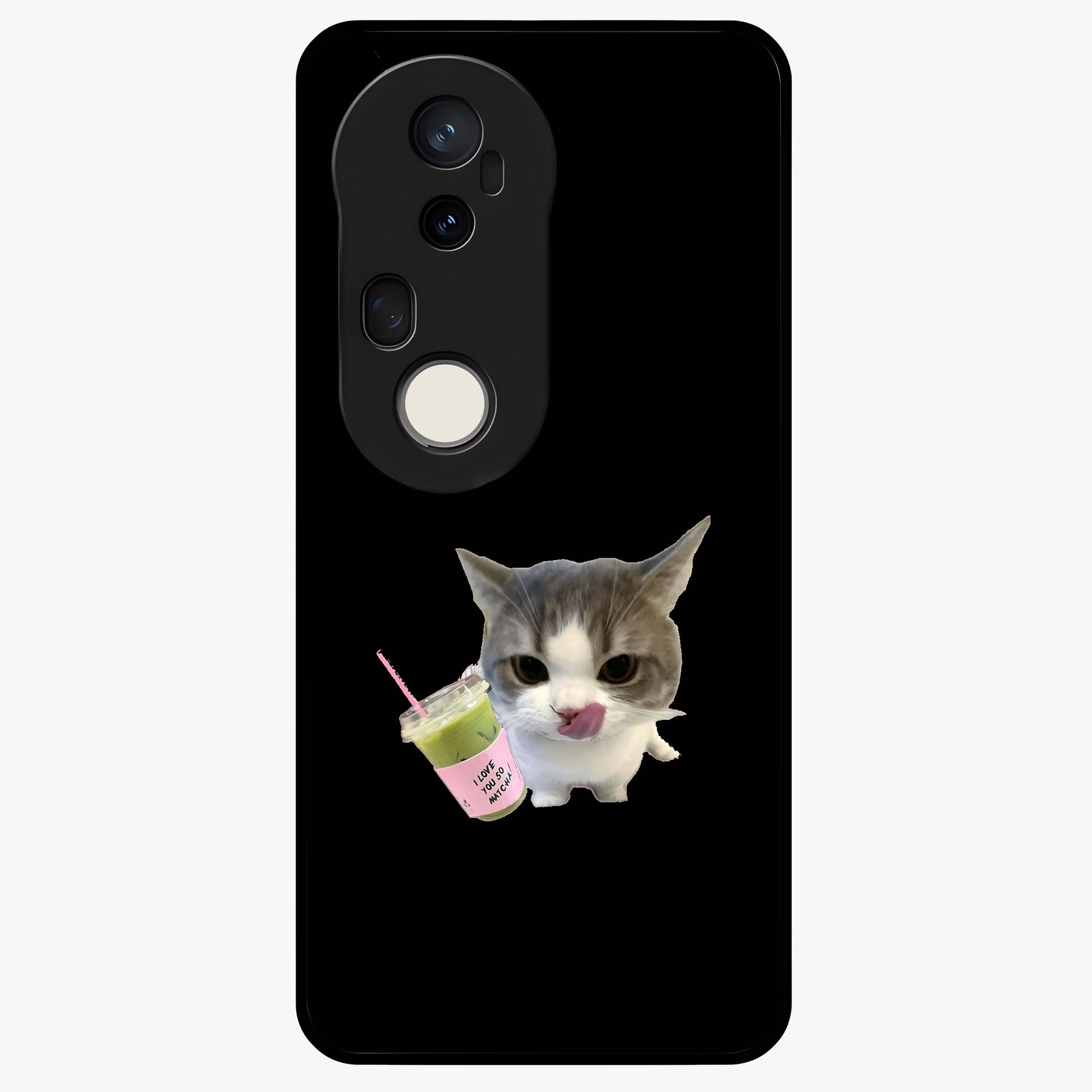 Matcha Cat Style Glass Case showing flat back view with cute matcha themed cat artwork and glossy glass finish.