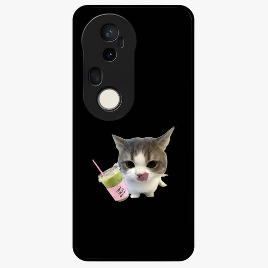 Matcha Cat Style Glass Case showing flat back view with cute matcha themed cat artwork and glossy glass finish.