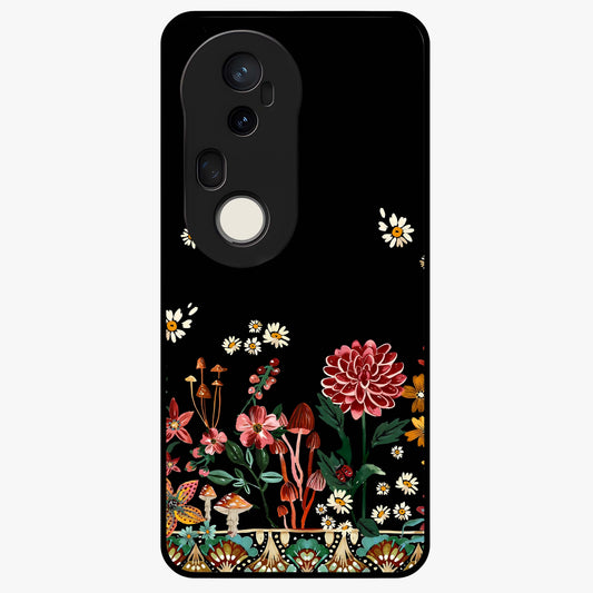 Midnight Bloom Pattern Glass Case showing flat back view with dark floral pattern artwork and glossy glass finish.